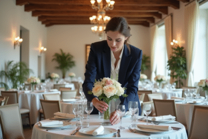 Jeune organisatrice de mariage arrangeant des centres de fleurs