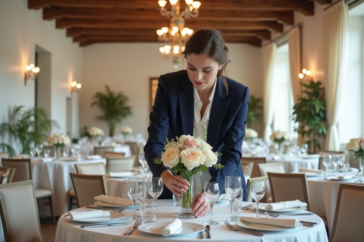 Jeune organisatrice de mariage arrangeant des centres de fleurs