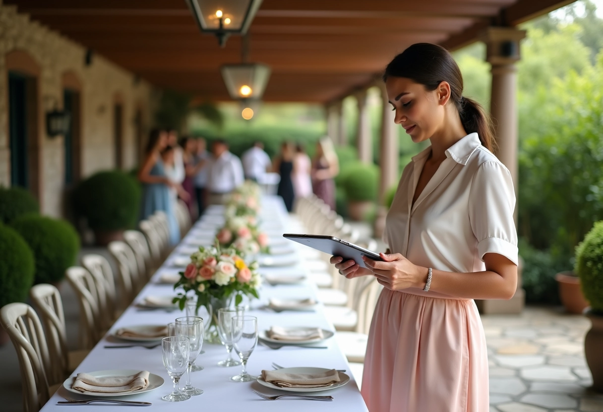 Wedding planner vérifiant un plan de table en extérieur