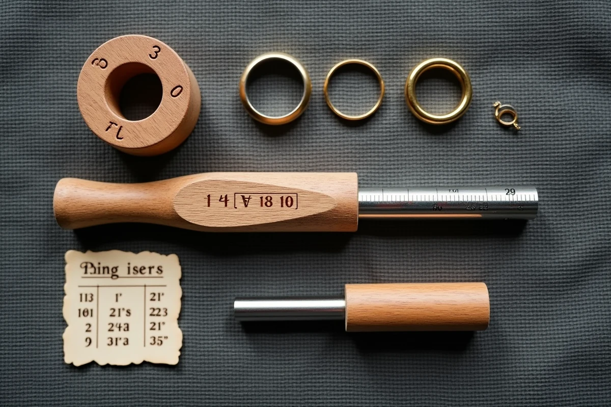 Kit d'outils de mesure de taille de bague en vue de dessus avec mandrin gradué, jauge de tailles et anneaux en or sur tissu lin gris