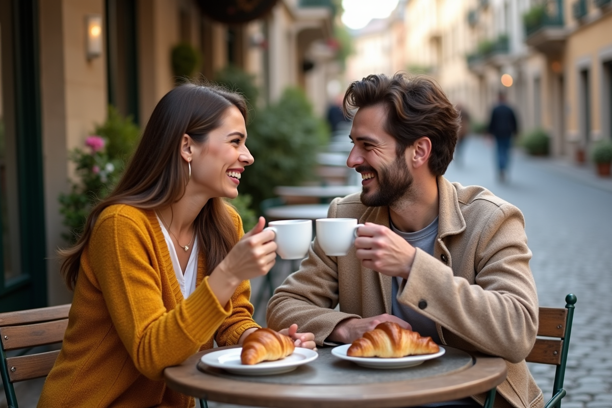 Couple de jeunes mariés dégustant un petit déjeuner en terrasse
