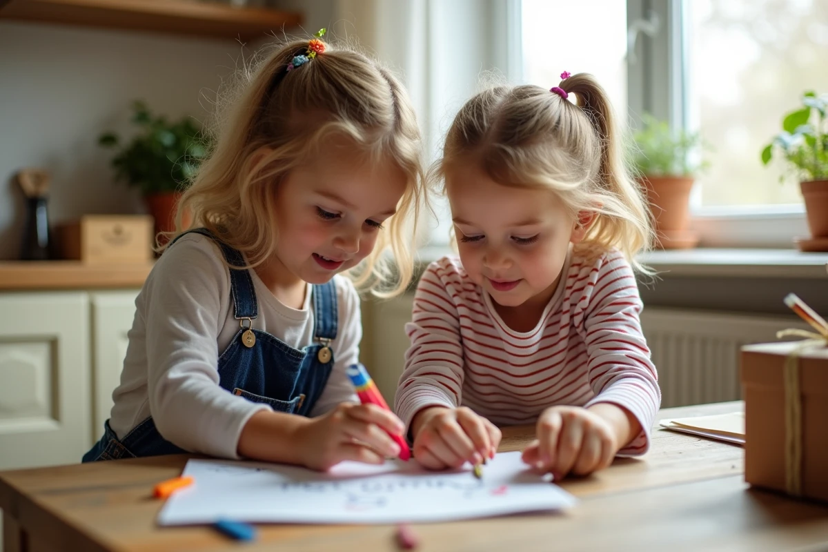 Deux petits-enfants préparant des cadeaux faits main pour les 35 ans de mariage de leurs grands-parents