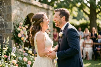 Couple de mariés riant spontanément lors d'une cérémonie de mariage en plein air dans un jardin fleuri