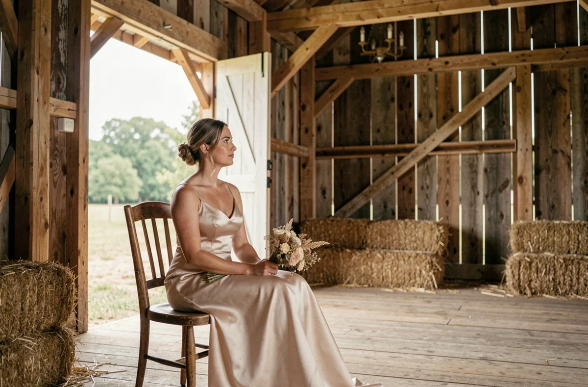Mariée seule dans une grange rustique tenant un bouquet de fleurs séchées avec un regard contemplatif vers l'extérieur