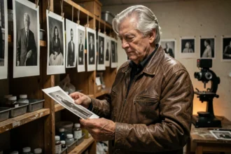 Photographe âgé dans une chambre noire tenant un tirage argentique, entouré de photos noir et blanc en cours de séchage