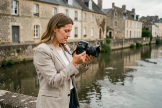 Photographe professionnelle consultant son appareil photo devant les bords de la Mayenne à Château-Gontier
