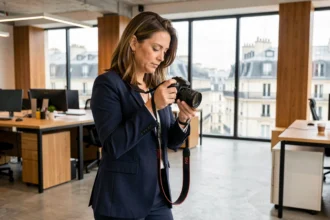Photographe d'entreprise professionnelle en séance photo dans un bureau parisien moderne