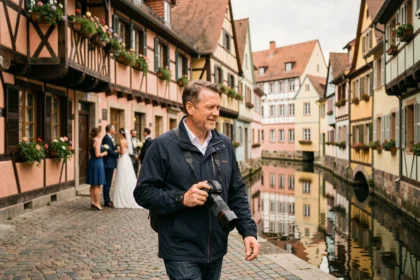 Photographe professionnel en action dans les rues pittoresques de Colmar lors d'un événement de mariage