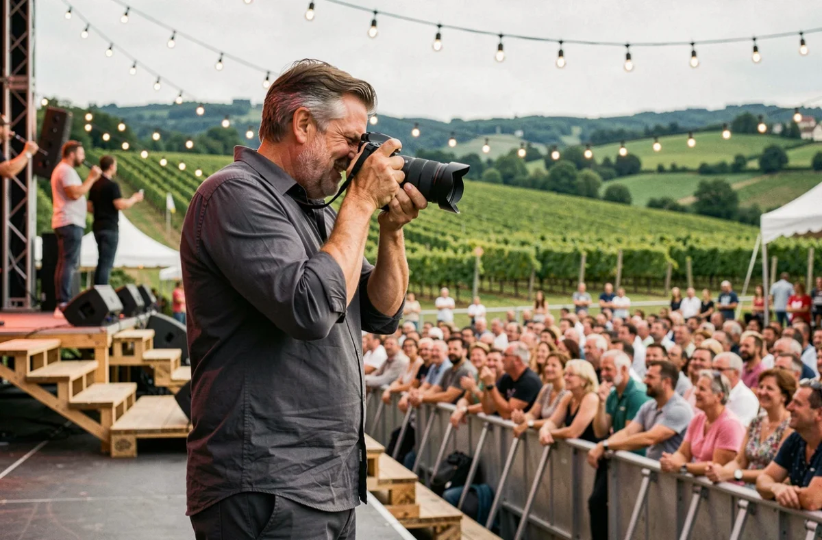 Photographe d'événements au travail lors d'un festival estival en plein air à Colmar avec vignobles en arrière-plan