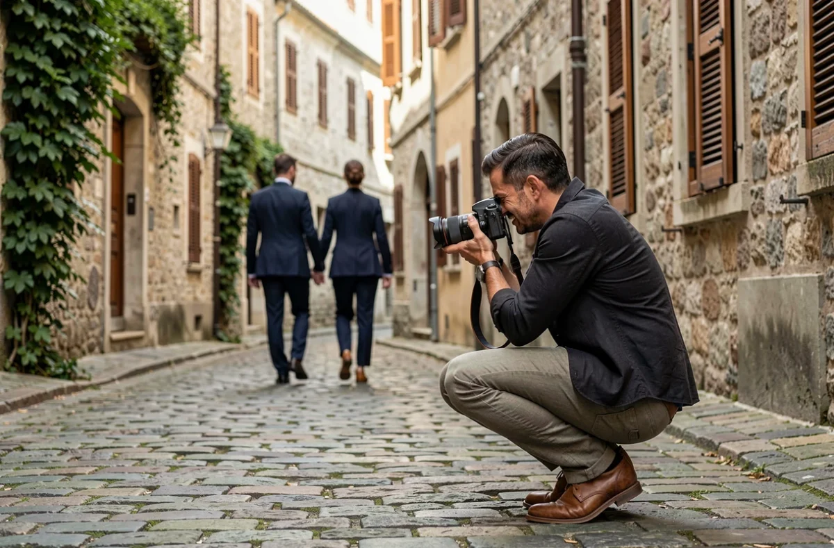 Photographe de mariage professionnel capturant un couple dans une ruelle pavée d'une ville européenne historique
