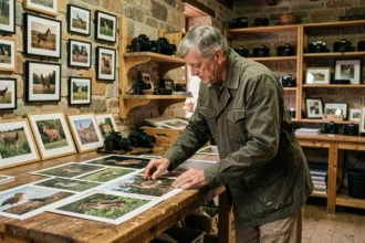 Photographe naturaliste professionnel dans son studio rustique examinant des tirages de photos de faune sauvage sur une table en bois