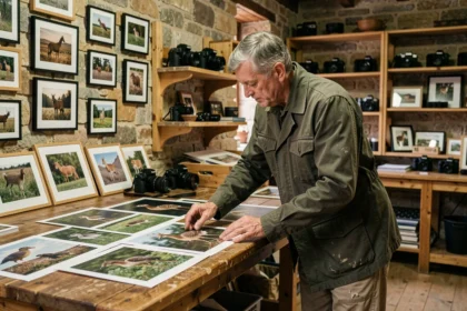 Photographe naturaliste professionnel dans son studio rustique examinant des tirages de photos de faune sauvage sur une table en bois