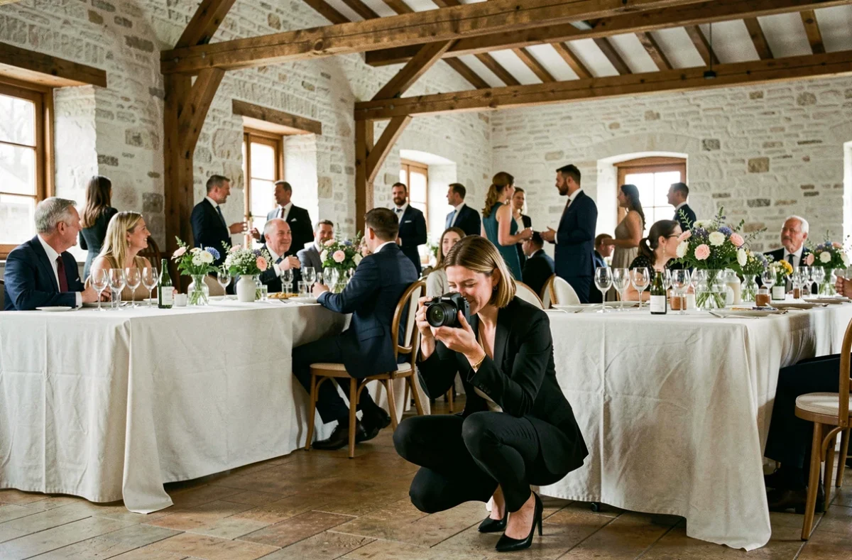 Photographe professionnelle capturant un événement d'entreprise dans une salle de réception alsacienne à Colmar