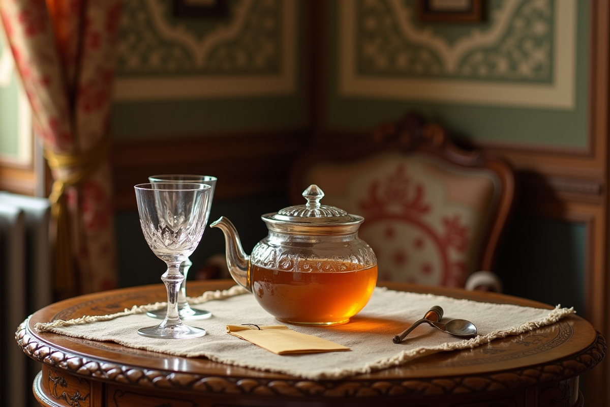 Pot de miel ancien et verres en cristal sur une table en bois