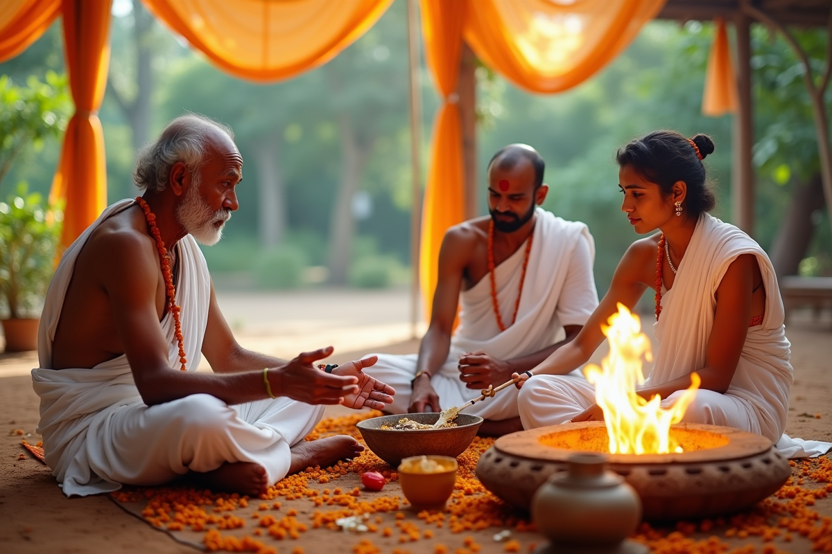 Prêtre âgé guidant un rituel de mariage hindou en extérieur