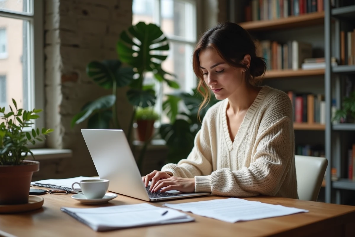 Femme faisant des recherches sur la définition du mariage laïque sur son ordinateur portable à son bureau
