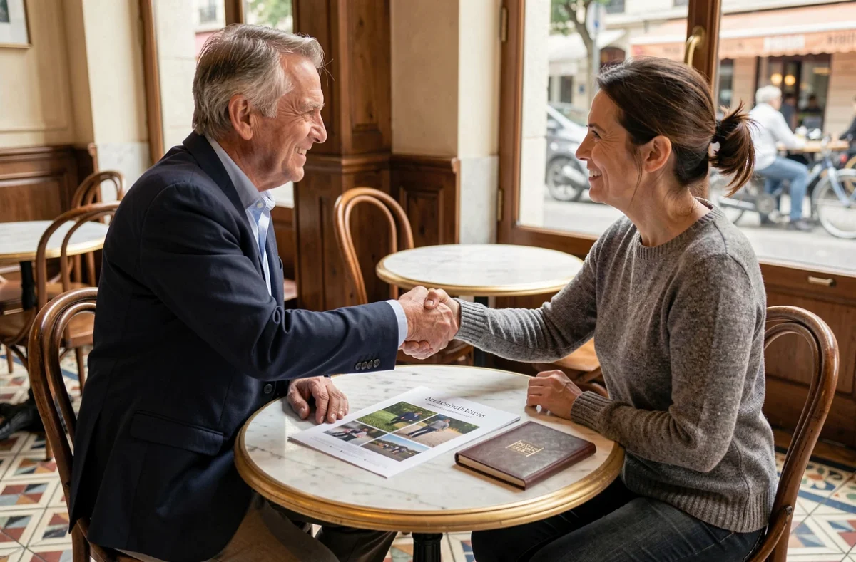 Réunion professionnelle entre un client et une photographe dans un café parisien pour discuter d'une commande photographique