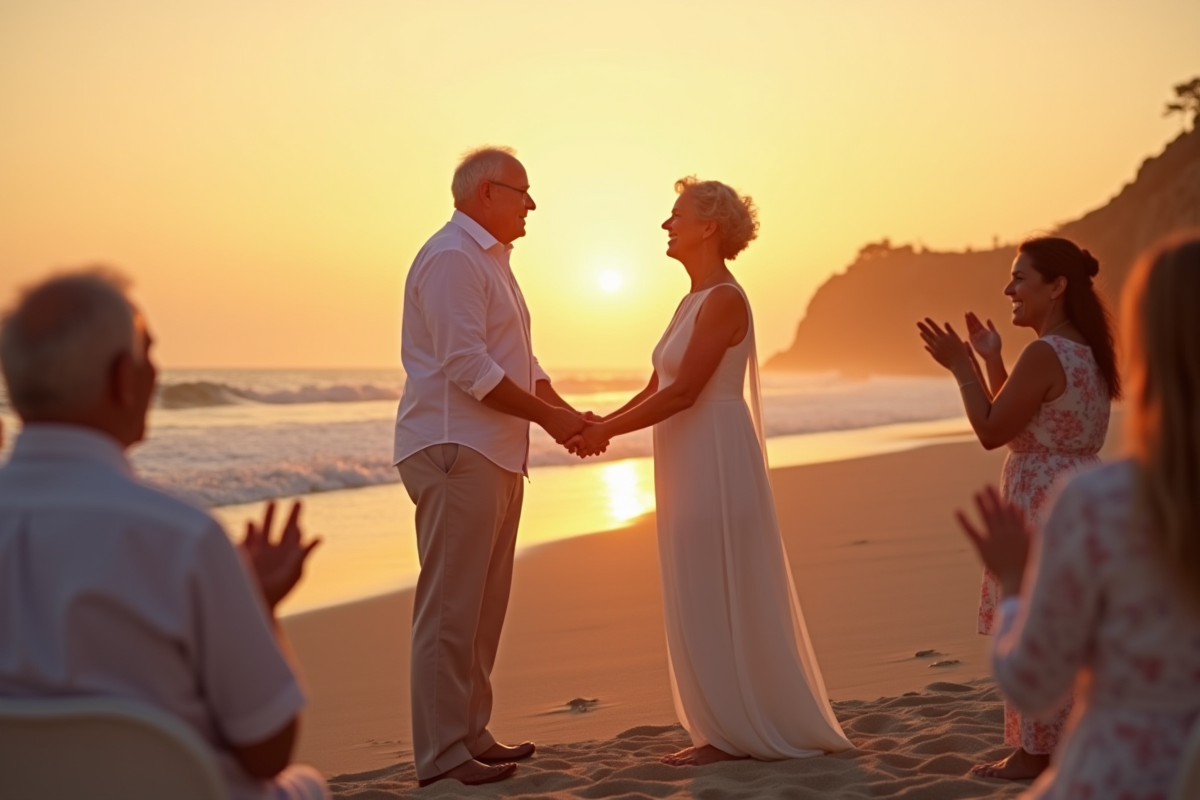 Vieux couple renouvelant leurs vœux sur la plage au coucher du soleil