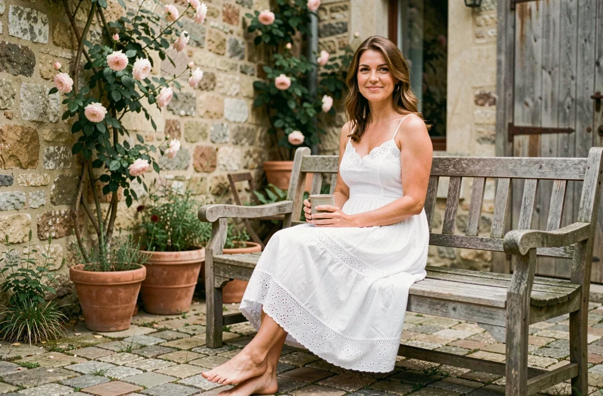 Femme en robe blanche champêtre assise devant une maison en pierre à la campagne
