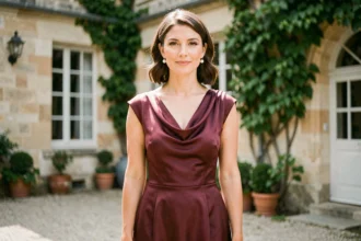 Femme en robe bordeaux satin pour un mariage dans une cour de château français