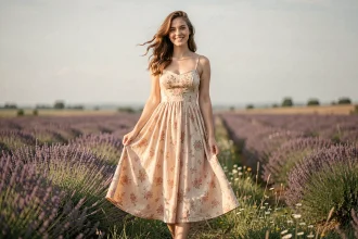 Jeune femme en robe champêtre fleurie dans un champ de lavande en été