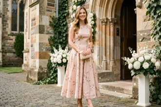 Femme portant une robe midi florale rose pâle comme invitée de mariage devant une église en pierre