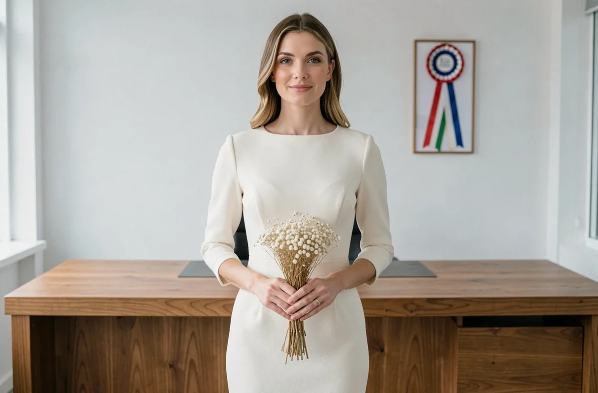 Robe de mariée civile chic à col bateau en crêpe blanc cassé dans une salle de mairie moderne