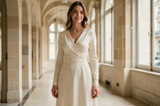 Femme portant une robe de mariée civile minimaliste en soie ivoire dans un couloir de mairie parisienne