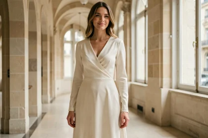 Femme portant une robe de mariée civile minimaliste en soie ivoire dans un couloir de mairie parisienne