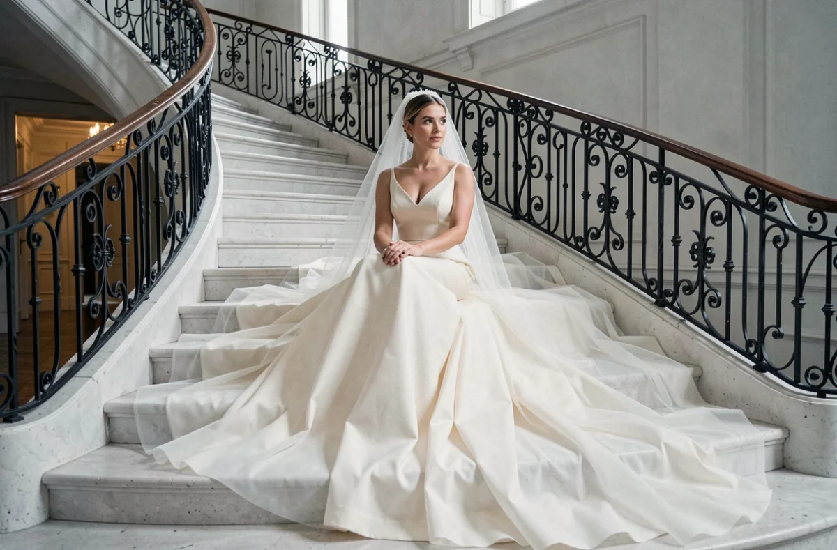 Robe de mariée ivoire avec jupe en tulle et longue traîne déployée sur un grand escalier en pierre dans un hôtel particulier parisien