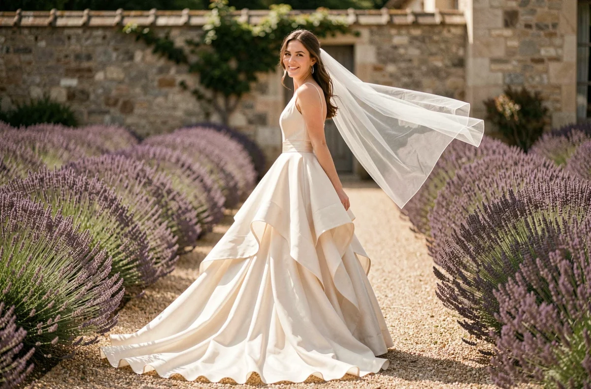 Mariée en robe ivoire avec traîne et voile flottant dans un domaine provençal entouré de lavande