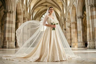 Robe de mariée ivoire avec voile cathédrale et longue traîne dans une église en pierre aux sols en marbre blanc