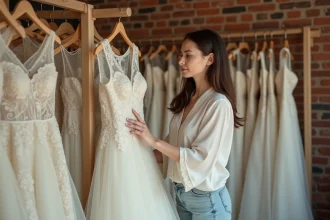 Jeune femme inspectant une robe de mariée d'occasion en dentelle ivoire dans une boutique de dépôt-vente nuptiale