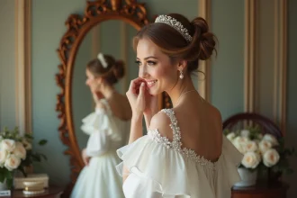 Jeune mariée ajustant sa coiffure en miroir avec robe vintage
