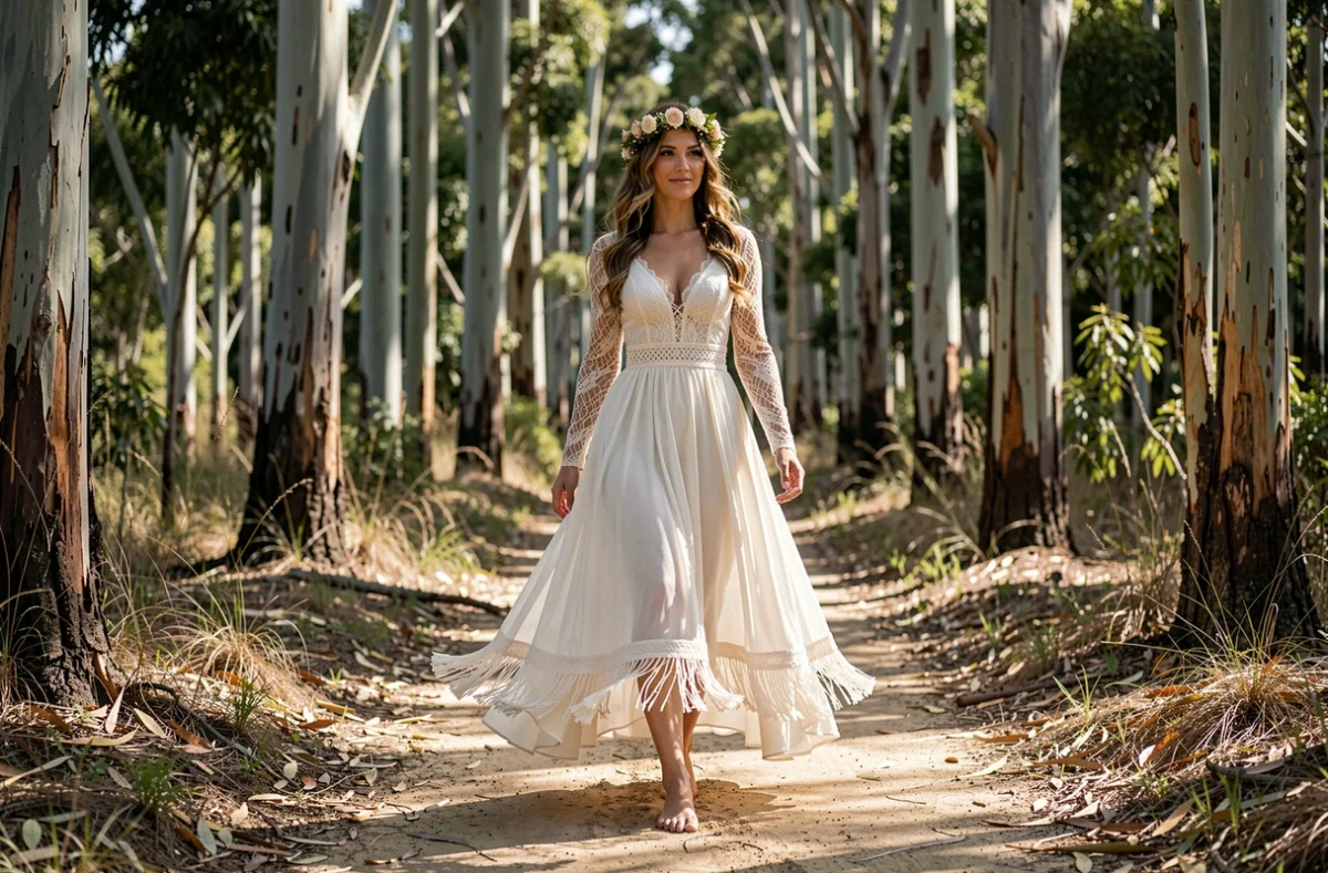 Mariée bohème pieds nus en robe longue manche chic avec couronne florale dans une forêt d'eucalyptus