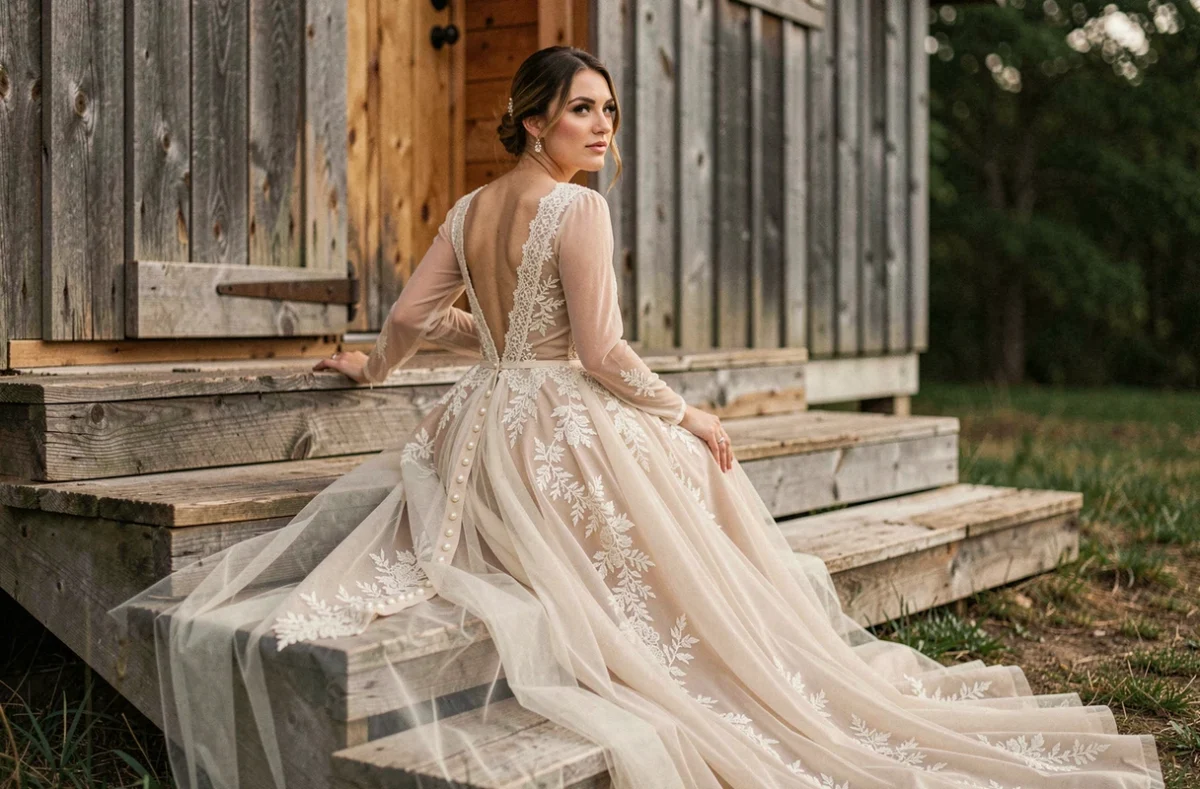 Robe de mariée bohème manches longues dentelle avec traîne cathédrale sur escalier en bois rustique