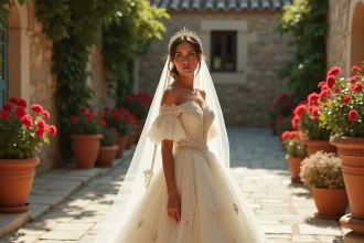 Mariée gitane en robe de mariée volumineuse en tulle ivoire brodé, debout dans une cour en pierre d'un village méditerranéen entouré de géraniums rouges
