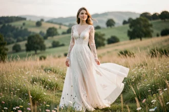 Mariée en robe longue manche dentelle bohème chic dans une prairie fleurie en plein air