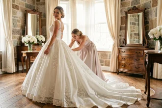 Mariée en robe de princesse longue traîne avec une demoiselle d'honneur arrangeant le tissu dans une suite nuptiale élégante aux murs en pierre