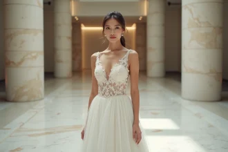 Mariée en robe princesse courte et moderne dans un mariage civil chic, intérieur marbre