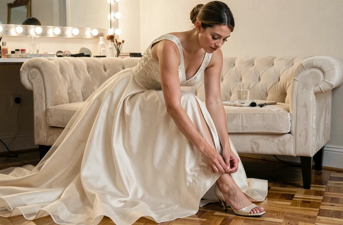 Mariée assise sur une méridienne en velours ajustant sa chaussure dans une loge de préparation, robe de mariée princesse longue traîne étalée sur le parquet