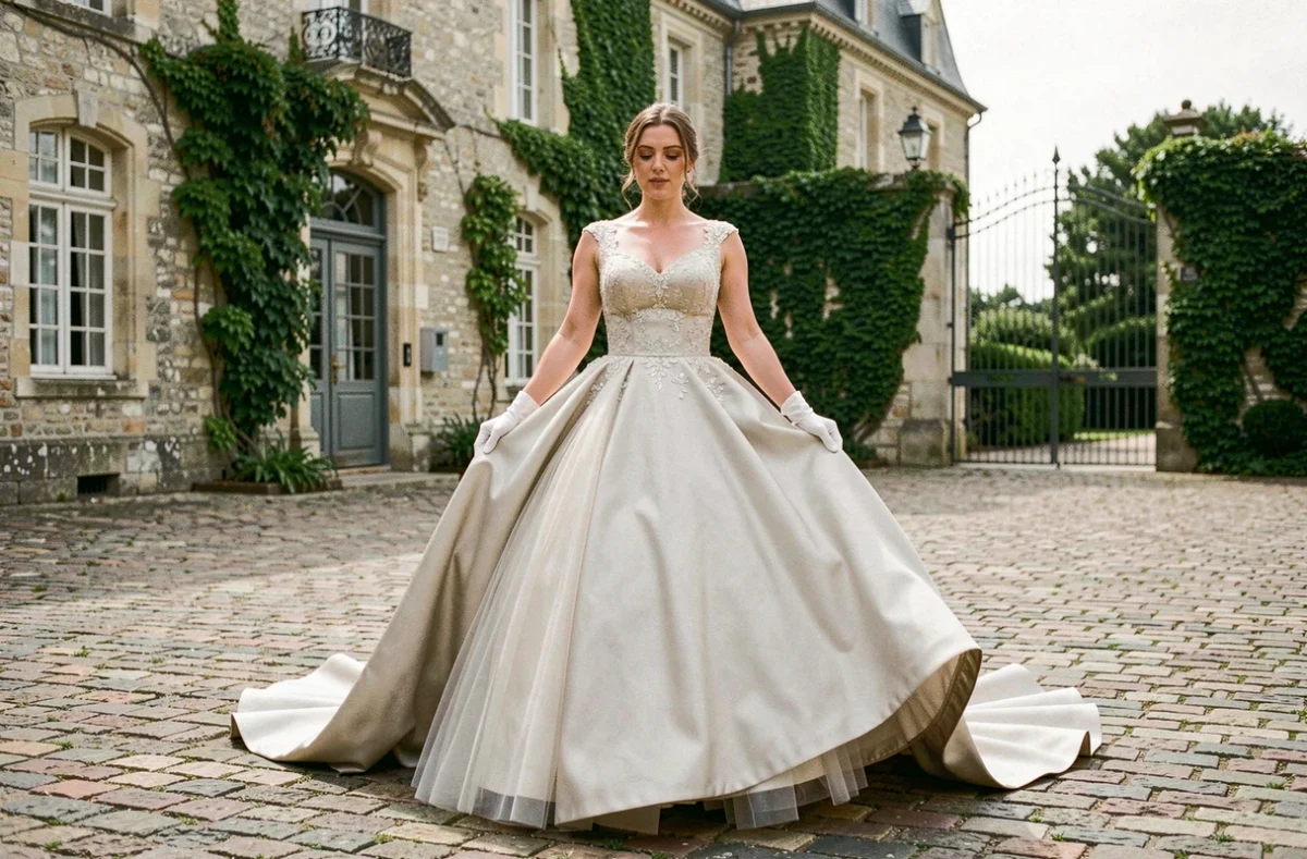 Mariée en robe de princesse à longue traîne marchant sur des pavés devant un château historique, relevant légèrement le devant de sa robe