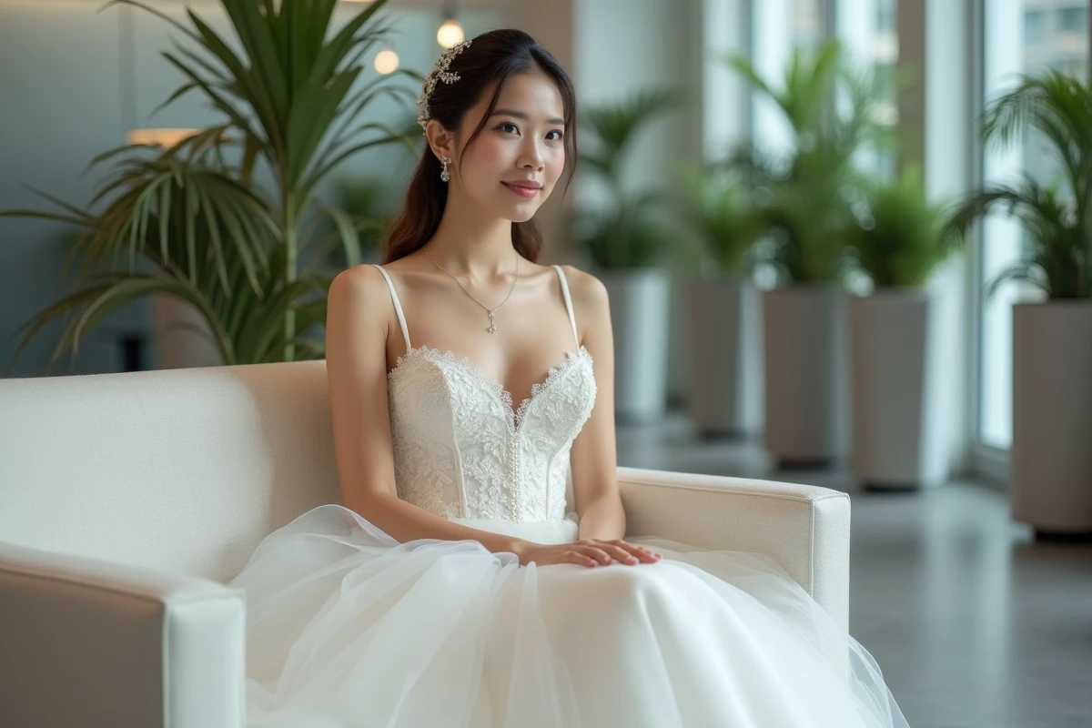 Mariée assise en robe princesse tulle et corset lors d'un mariage civil moderne et raffiné