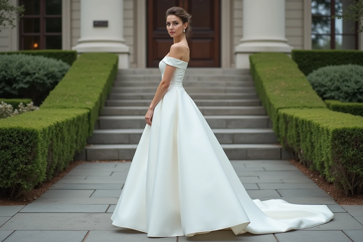 Femme en robe de mariée princesse moderne devant une mairie rénovée pour un mariage civil élégant