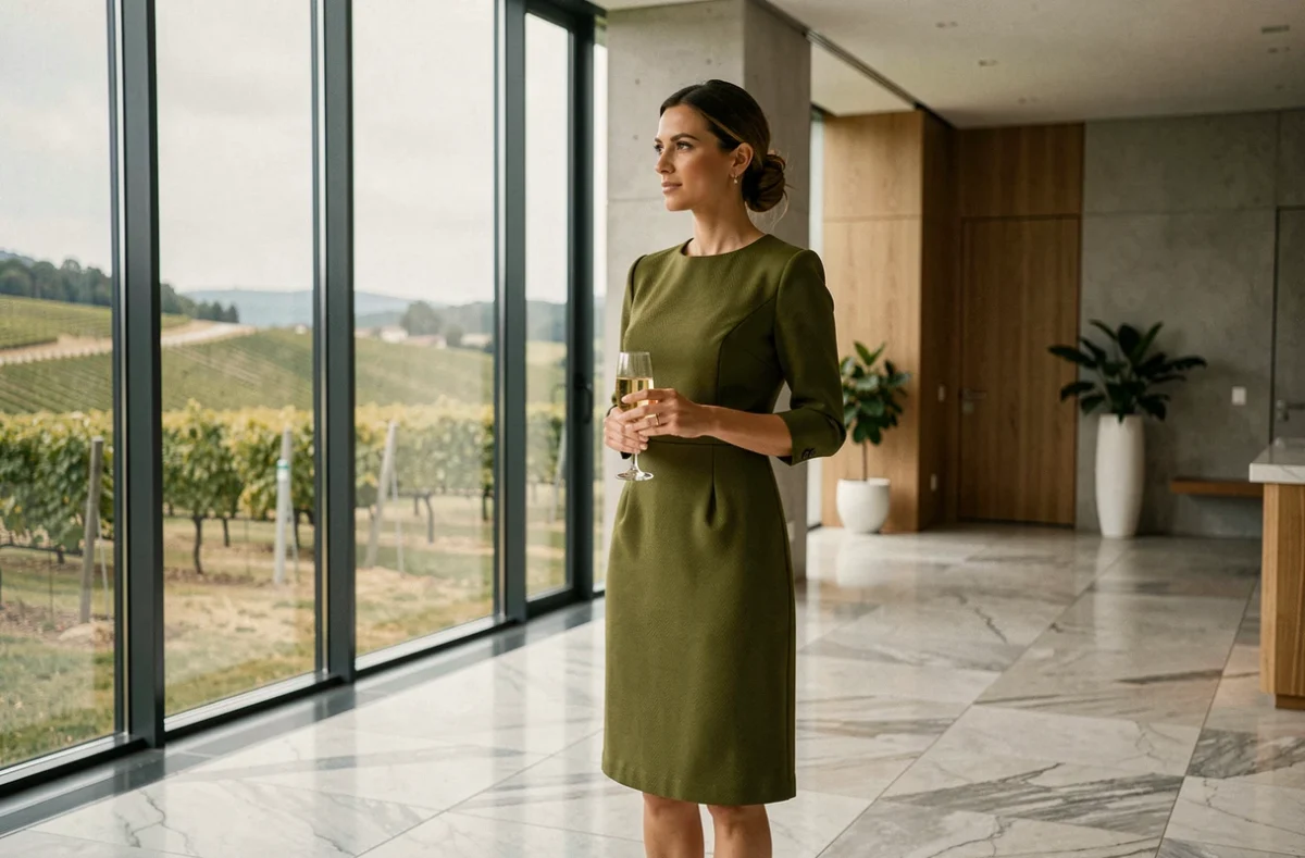 Femme en robe verte olive structurée dans un lieu de réception de mariage moderne avec vue sur vignoble