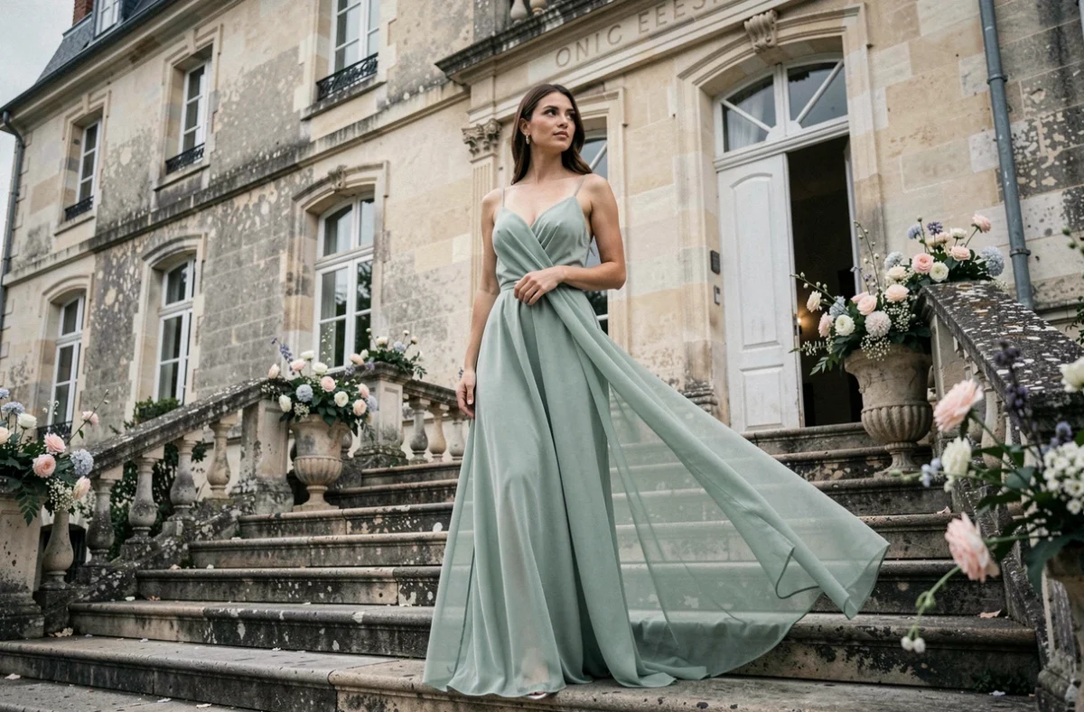 Invitée en longue robe verte sauge devant un château français lors d'une cérémonie de mariage