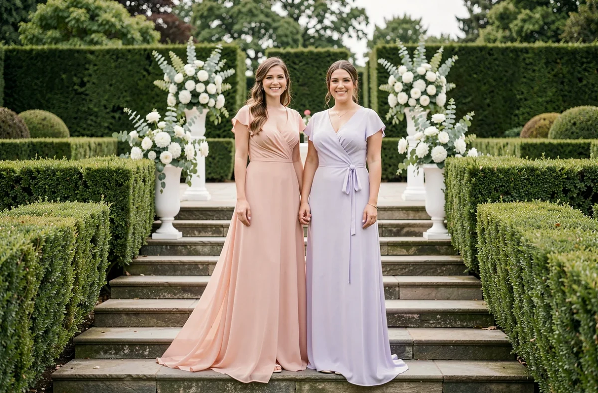 Deux femmes en robes pastel rose et lavande pour un mariage en plein air