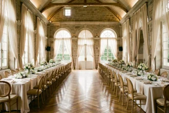 Salle de réception de mariage élégante en Essonne avec décoration florale et tables dressées