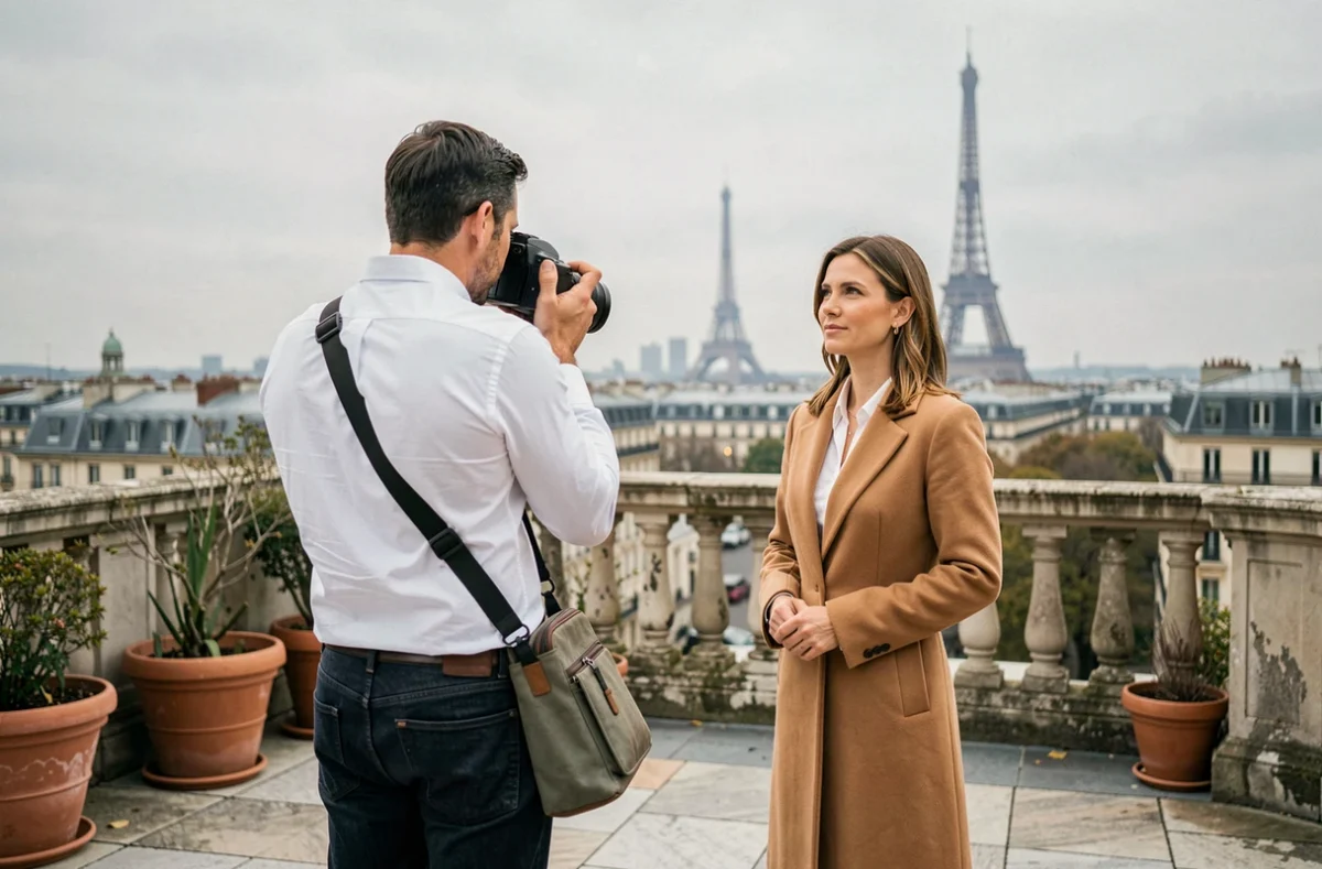 Séance photo corporate en extérieur sur un rooftop parisien avec vue sur la Tour Eiffel