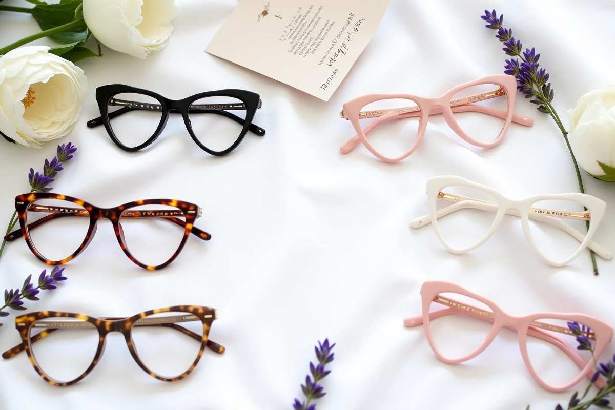 Sélection de cinq paires de lunettes cœur pour mariage présentées en flat-lay avec des fleurs et une invitation de mariage